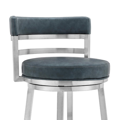 Armen Living Madrid 26" Counter Height Swivel Blue Faux Leather and Brushed Stainless Steel Bar Stool