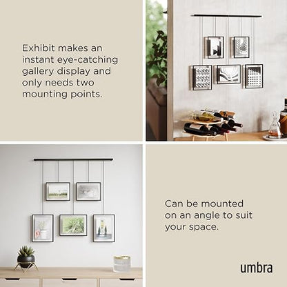 Umbra Exhibit Set de 5 Portarretratos Colgantes y Ajustables para Pared (2 de 10x15 y 3 de 13x18 cm), Negro