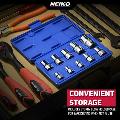 Neiko 02473A - Juego de enchufes Torx Plus externos, 10 piezas, EP6 de 1/4 pulgadas, EP8, EP10 de 3/8 pulgadas, EP16, unidad cuadrada de 1/2 pulgadas, EP18 y EP24, acero CR-V