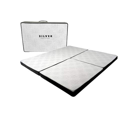 Memory Foam Silver Edition | Colchón/Colchoneta Plegable para Invitados y Visitas con Maleta de Transporte, Soporte Confortable, Portátil y Fácil de Guardar, Blanco con Gris