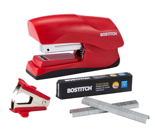 Bostitch Office - 40 hojas resistentes con 1250 grapas y removedor de grapas, grapadora de computadora sin atascos, tableros de anuncios escolares, oficina y aula, rojo (B175-RED-VP)