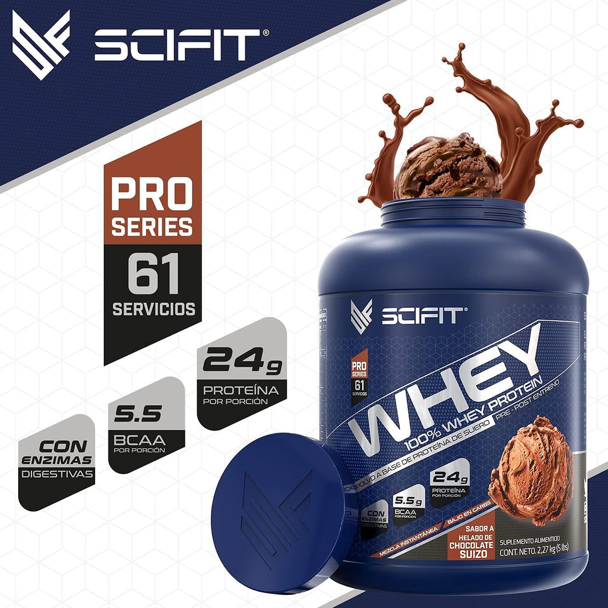 Scifit Proteína Whey 5 lb (2.27 kg)| 24 g de Proteí­na | 100% Whey Protein | 61 Servicios | Sabor Helado de Chocolate| Post Entrenamiento | Bajo en Carbs