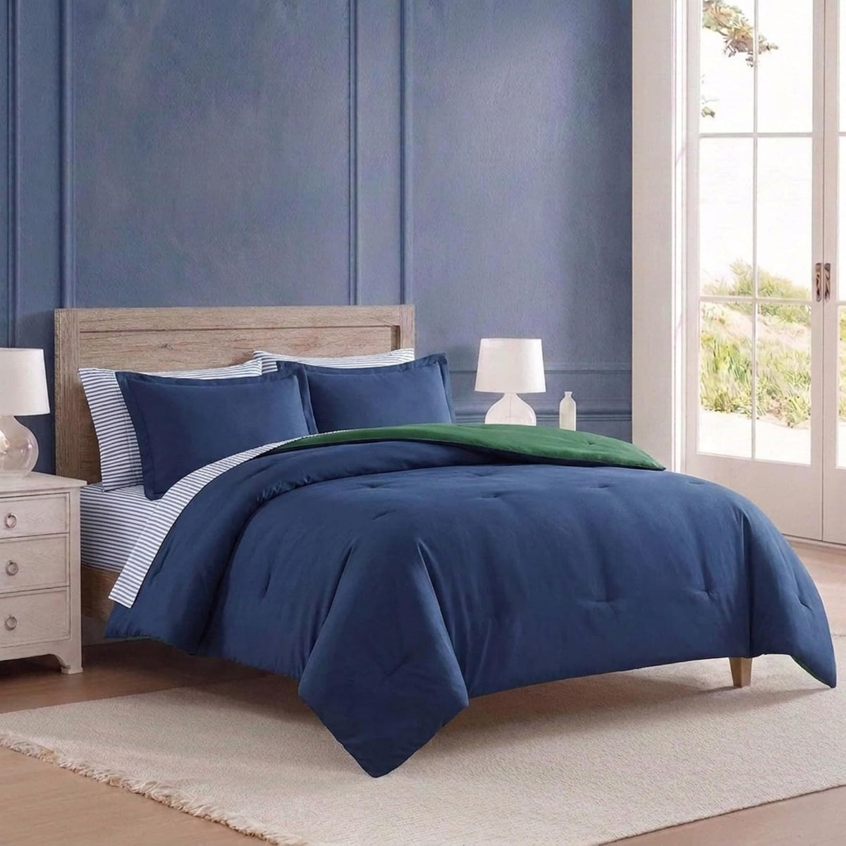 Nautica - Juego de Cama Individual XL Reversible, Incluye Funda Estándar, Sábana Bajera, Funda de Almohada y Bolsa de Lavandería, 5 Piezas, Tamaño Twin, Azul Marino