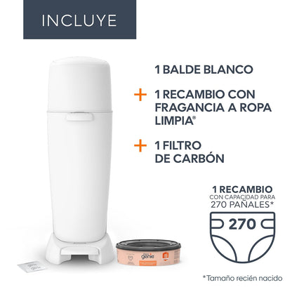 Balde Diaper Genie Complete – Blanco | Contenedor de pañales, control de olores, pedal, filtro de carbón, recambio, esencial para habitación de bebé