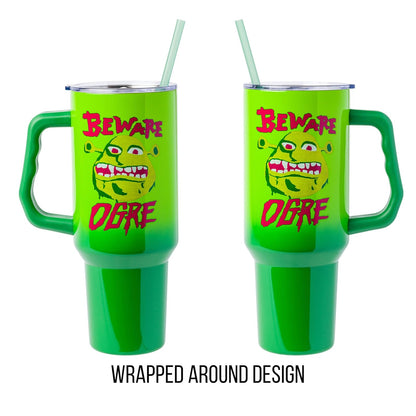 Silver Buffalo Shrek Beware - Vaso de acero inoxidable con mango y popote, se adapta a portavasos estándar, 40 onzas