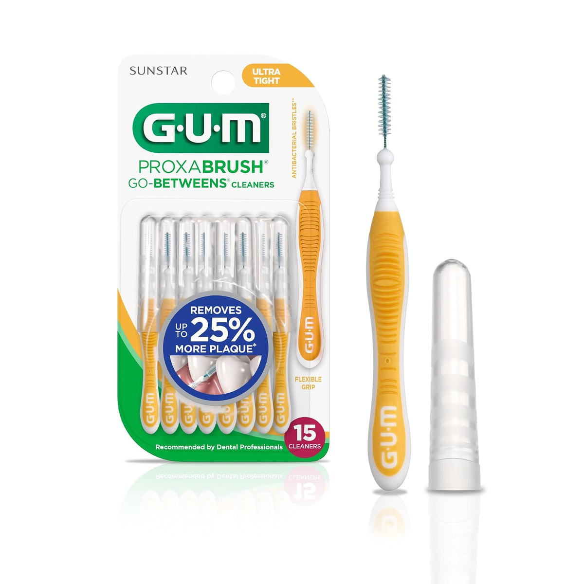 GUM Proxabrush Go-Betweens - Ultra apretado, cepillos interdentales, púas dentales de cerdas suaves para quitar la placa, seguro para aparatos ortopédicos y dispositivos dentales, 15 unidades