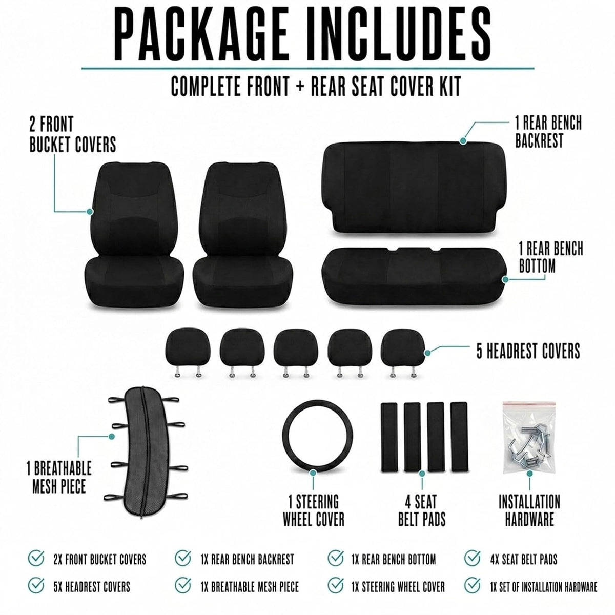 FH GROUP FB030BLACK115-COMBO Seat Cover Combo Set with Steering Wheel Cover and Seat Belt Pad (Airbag Compatible and Split Bench Black)
