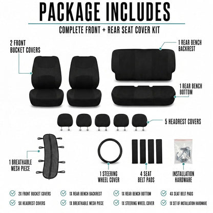 FH GROUP FB030BLACK115-COMBO Seat Cover Combo Set with Steering Wheel Cover and Seat Belt Pad (Airbag Compatible and Split Bench Black)