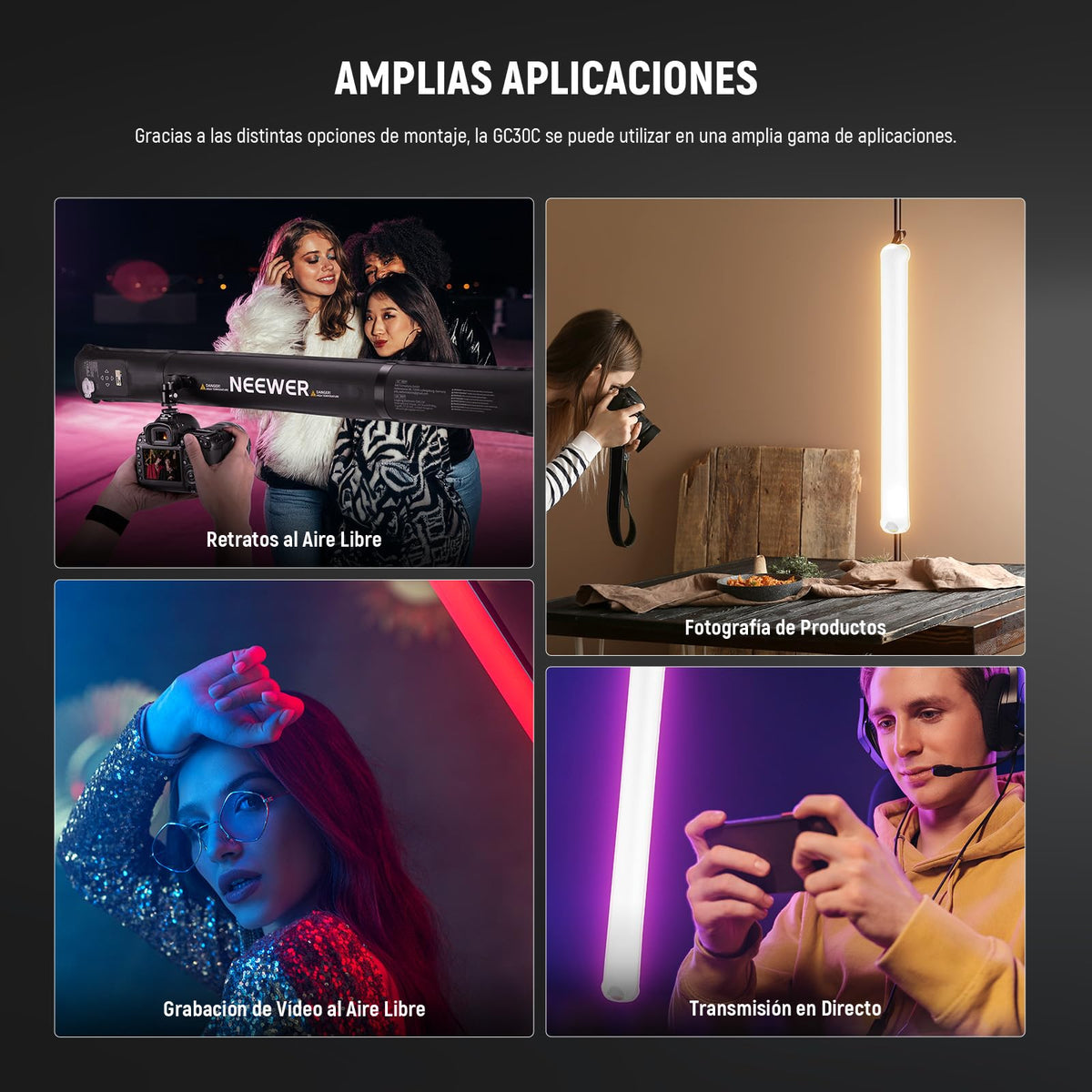 NEEWER Básico 30W Barra de Luz LED RGB Portátil 35.5"/90cm, Palo Foco Inflable TPU 5000 mAh Tipo C 45W Entrada/30W Salida 3000lux 17 Efectos 2700-6500K CRI95, para Grabar Estudio y Fotografia, GC30C
