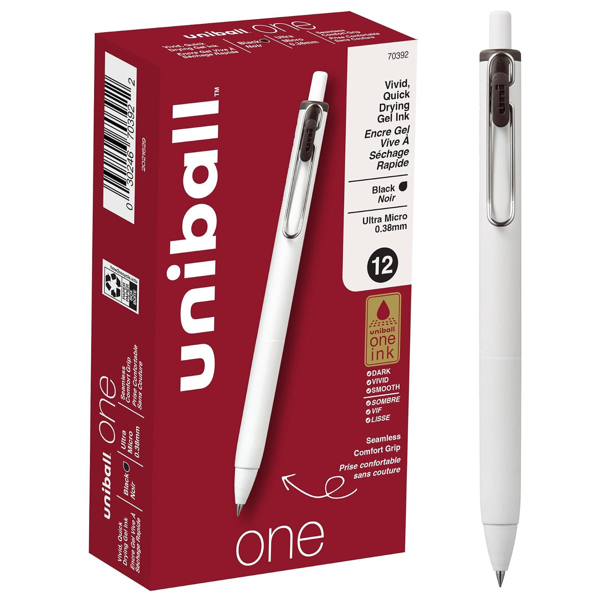 Uniball One Gel Pen 12 Pack; 0.38mm Ultra Micro Black Pens; Gel Ink Pen | Artículos de oficina de Uniball son Pens; Bolígrafo de colores; Plumas de gel; Punta fina; Smooth Writing Pen
