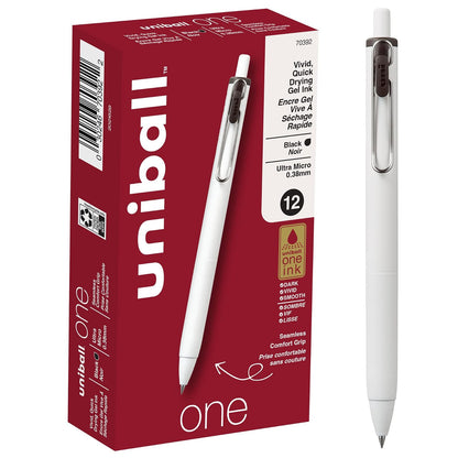 Uniball One Gel Pen 12 Pack; 0.38mm Ultra Micro Black Pens; Gel Ink Pen | Artículos de oficina de Uniball son Pens; Bolígrafo de colores; Plumas de gel; Punta fina; Smooth Writing Pen