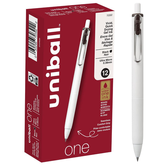Uniball One Gel Pen 12 Pack; 0.38mm Ultra Micro Black Pens; Gel Ink Pen | Artículos de oficina de Uniball son Pens; Bolígrafo de colores; Plumas de gel; Punta fina; Smooth Writing Pen