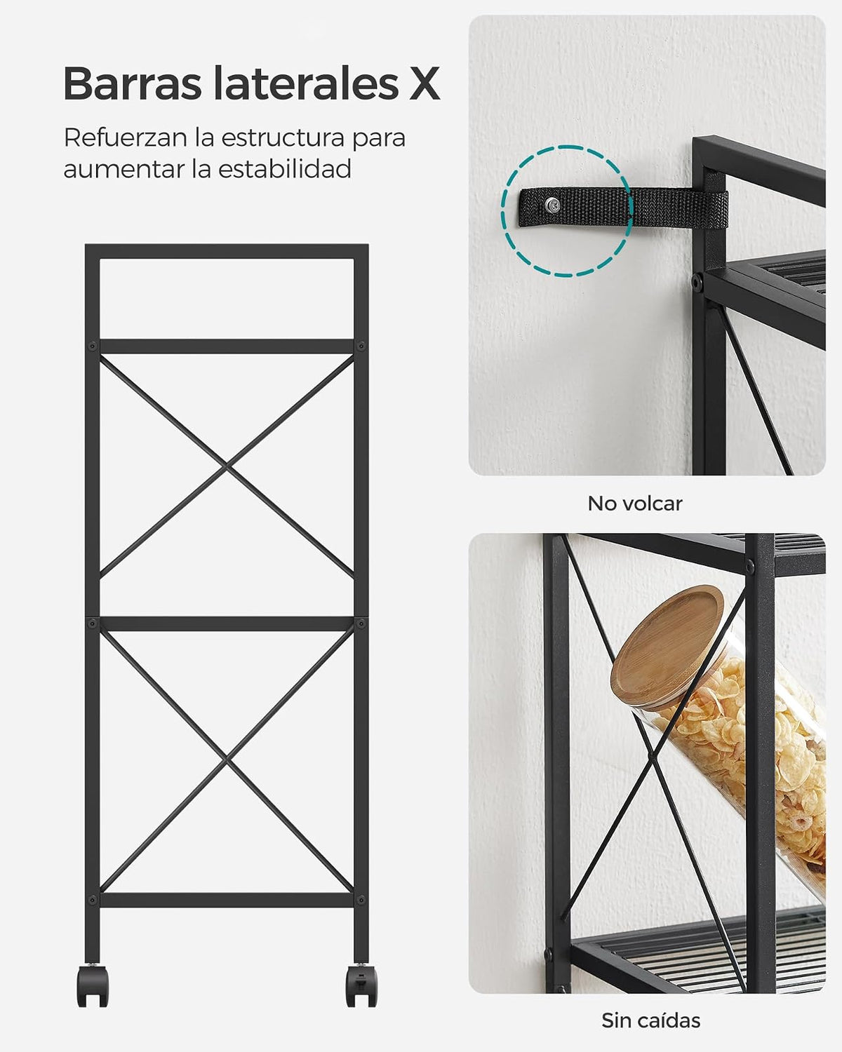 SONGMICS Estantería Metálica de 3 Niveles con Ruedas, 80 cm de Ancho | Estantería de Malla con Marcos Laterales en X, para Entrada, Cocina, Salón, Baño, Negro mate, Colección DACEY MBSC183B01