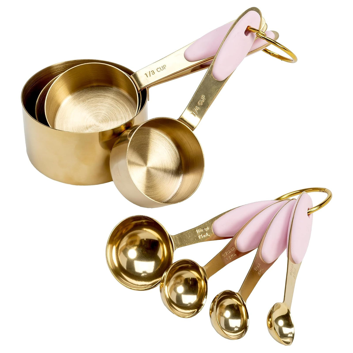 Paris Hilton - Juego de tazas y cucharas medidoras de acero inoxidable con mango de silicona rosa, apto para lavaplatos, para ingredientes secos y líquidos, juego de 8 piezas, dorado y rosa