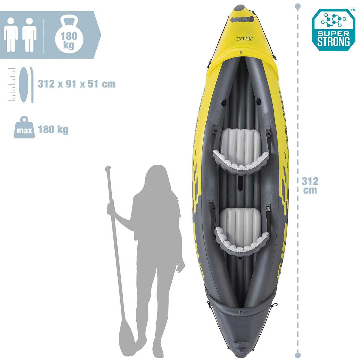 Intex Explorer K2 Kayak - Kayak Inflable para 2 Personas con Orejas de Aluminio y Bomba de Aire de Alta Salida
