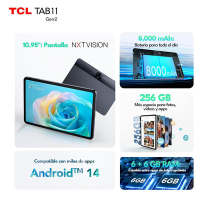 TCL Tab 11 Gen2 | Tablet Android 14 | Pantalla 10.95” | 6GB RAM + 256GB | Incluye T-Pen y Flip Cover