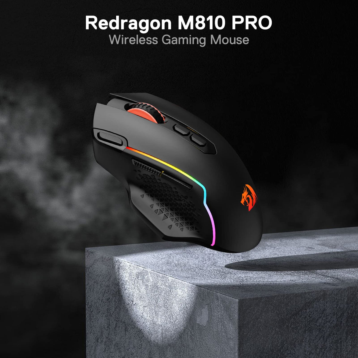 Redragon M810 Pro - Ratón inalámbrico para Juegos, 10000 dpi con Llave de Fuego rápido, 8 Botones Macro, Capacidad de Potencia Duradera de 45 Horas y retroiluminación RGB para PC/Mac/Laptop