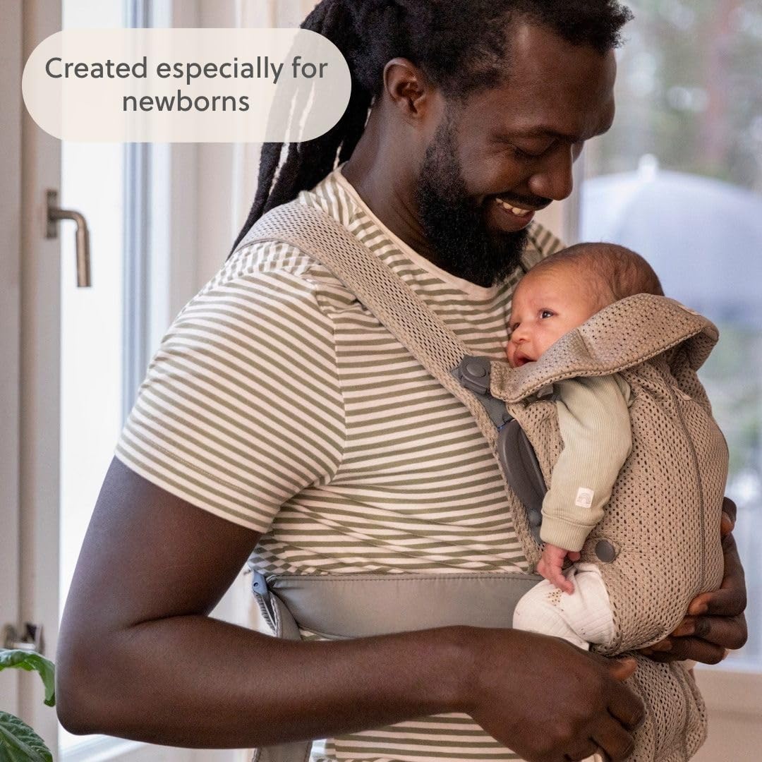 BabyBjörn Canguro Portabebé Mini, Gray Beige, 3D Mesh Newborn Carrier (7-15 lbs), Ergonomic, Easy-to-Use
