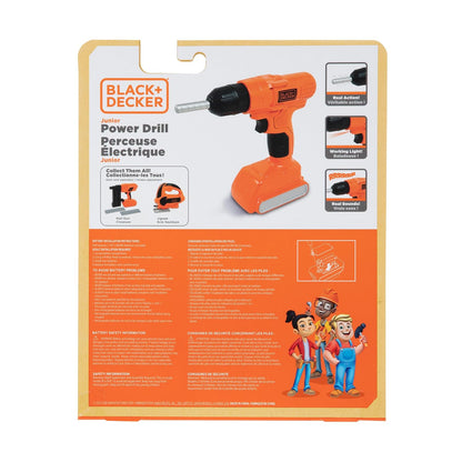 Jakks Pacific Taladro Eléctrico de Juguete Black+Decker, Incluye baterías | Sonido real, accesorios intercambiables, imaginación, coordinación motriz, juegos de rol, edad 3+ años