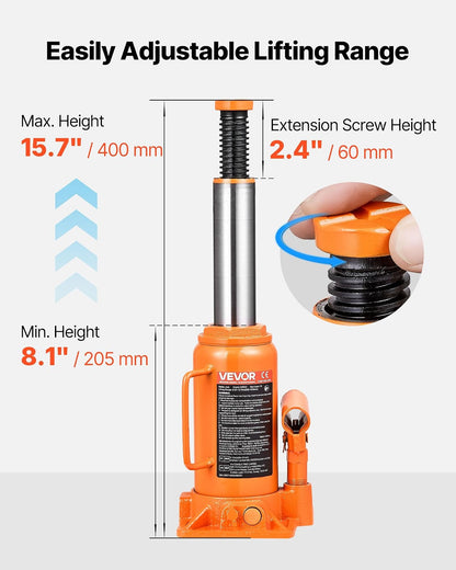 VEVOR Gato Hidráulico de Suelo 12 T, con Alcance de Elevación de 205-400 mm, para Automóviles, SUV, Camionetas, Talleres Mecánicos, Ascensores Domésticos y Maquinaria Agrícola, Naranja, 128 x 125 x 205 mm