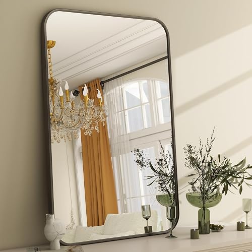 Easly - Espejo de baño de 20 x 28 pulgadas, espejo rectangular redondeado para pared, espejo moderno para decoración de habitaciones, espejos de pared con marco negro para decoración del hogar, cuelga