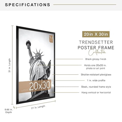 MCS Trendsetter - Marco para póster de 20 x 30 pulgadas, color negro de alto brillo, vertical y horizontal para colgar en la pared, marco grande para fotos, carteles e impresiones artísticas (paquete