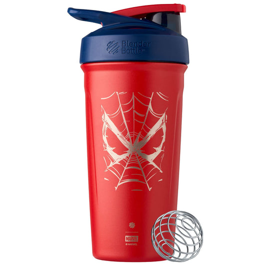 BlenderBottle Marvel Strada - Botella de agua aislada de acero inoxidable con batidor de alambre, 24 onzas, tela Spiderman