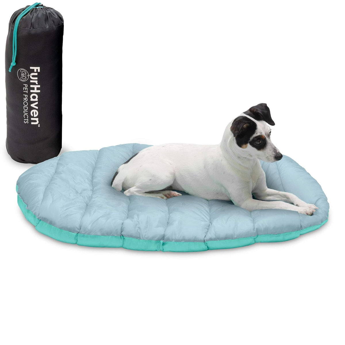 Furhaven Cama Autocalentable de Piel Sintética para Mascotas Pequeñas - Travel Aqua & Granite Gray - Pequeño - Cama de viaje con saco de cosas