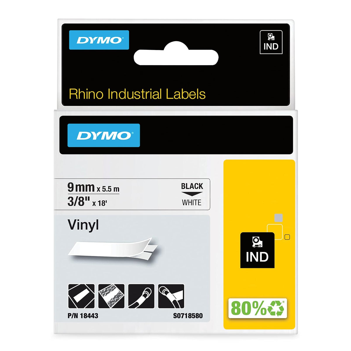 DYMO Rhino Etiqueta de Vinilo Industrial, 1/2 o 3/8 Pulgadas - 0.95 cm (3 - 8'') - Negro Blanco