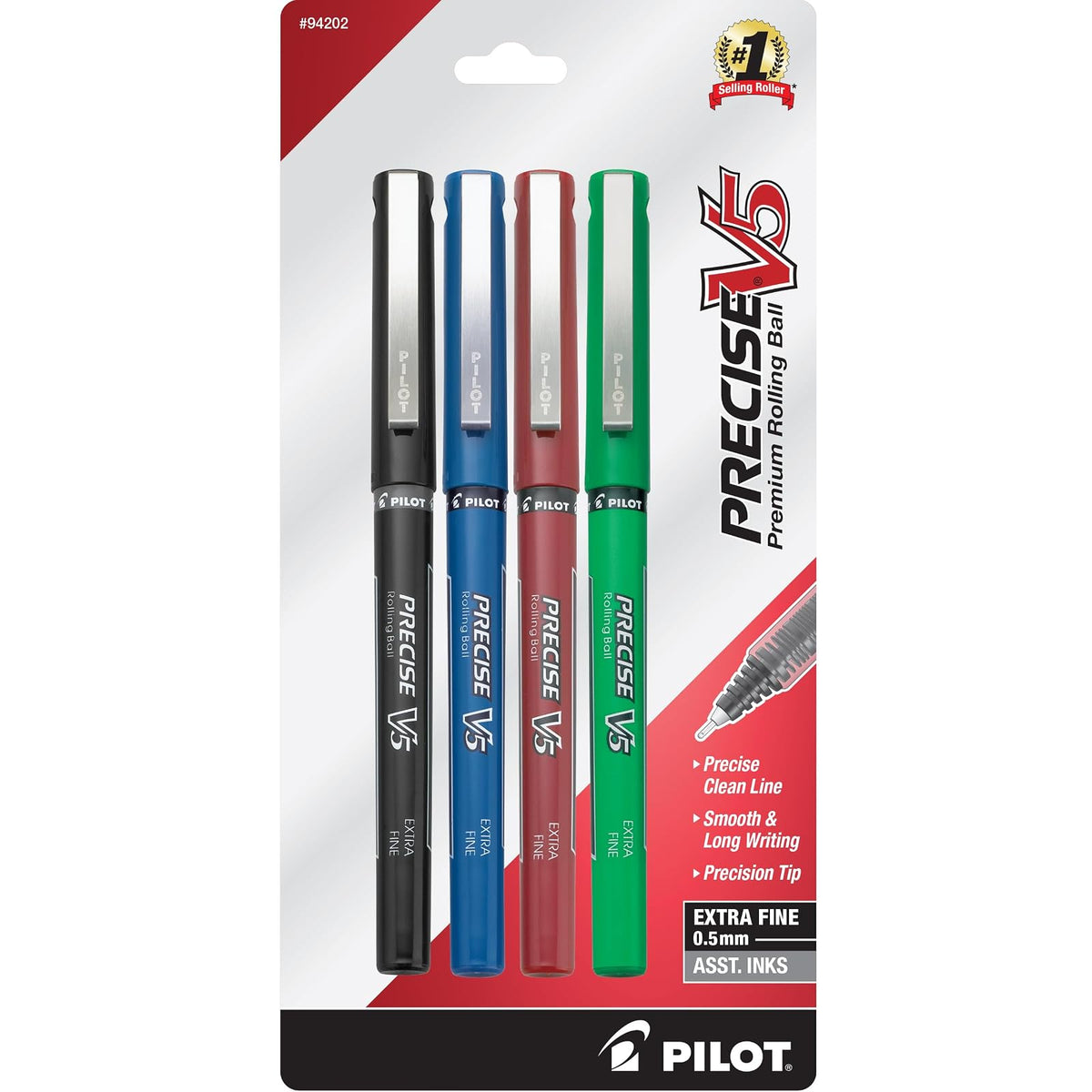 Pilot Precise V5 Bolígrafo de Tinta Líquida Punta Extrafina - 4-Pack - Negro - azul - rojo - verde