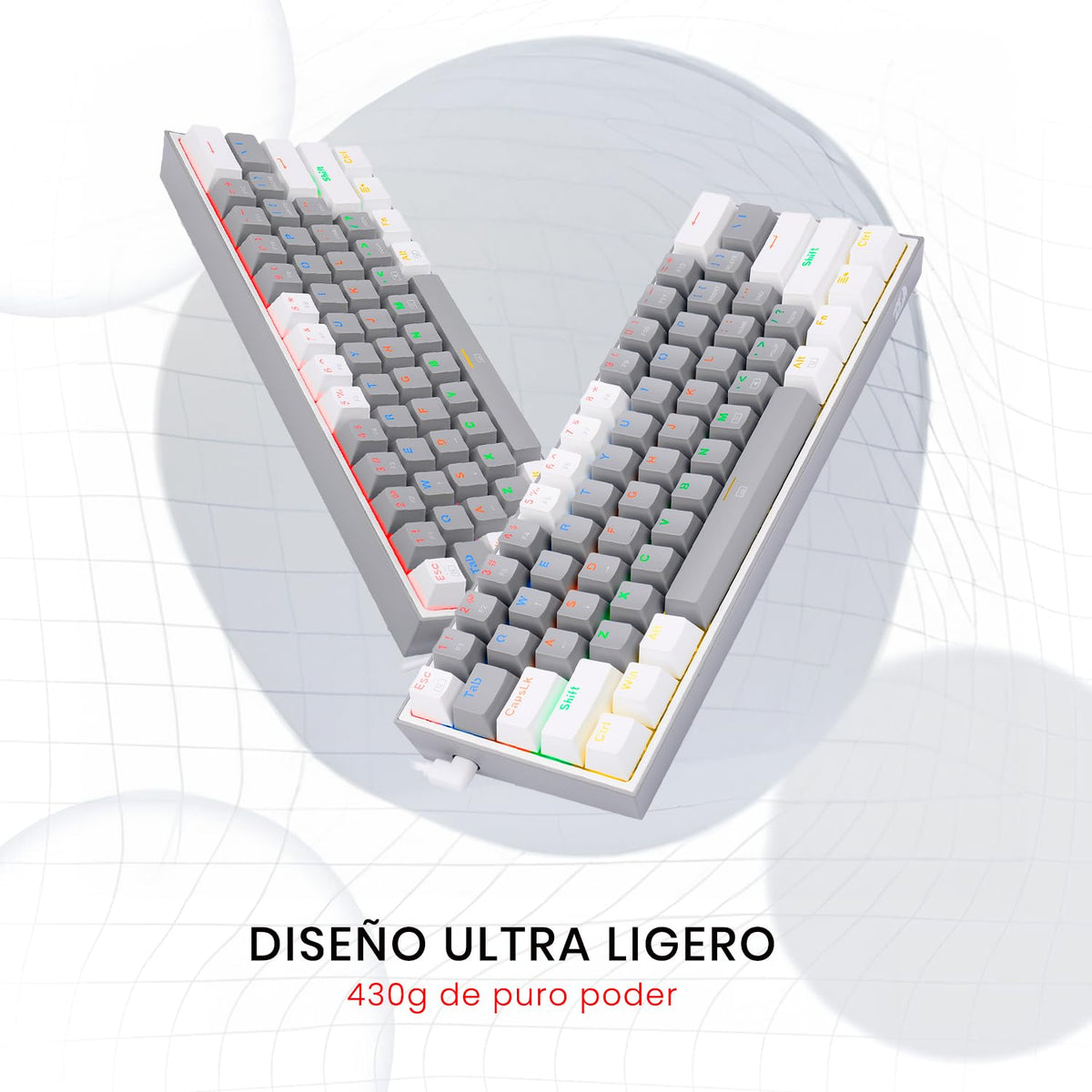 Redragon K617 Teclado Mecánico Alámbrico Gamer Rainbow en inglés, Fizz k617R, Switches Blue, Iluminación Rainbow, Anti-Ghosting Teclado Gaming Pc. (Gris/Blanco)