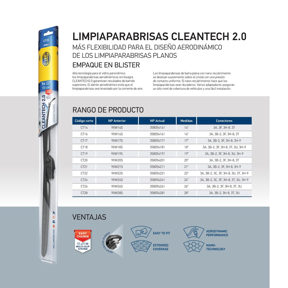 Hella 9XW18S Pluma limpiaparabrisas CLEANTECH Copiloto para Aveo/Civic/Golf VII/Tornado/Virtus/Yaris. Incluye conectores e instructivo