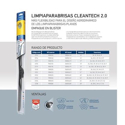 HELLA 9XW16S Pluma limpiaparabrisas CLEANTECH Copiloto para Ibiza/Kwid/Leon/Mazda 2 / Mazda 3 / Mazda 5 / Sentra. Incluye conectores e instructivo.
