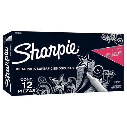 Sharpie Marcadores Permanentes Metálicos, Punta Fina, Plateado, 12 Piezas, 1812784