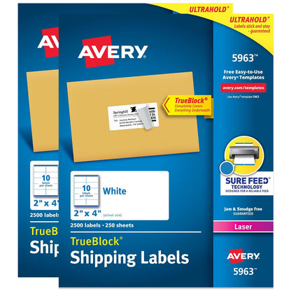 Avery Etiquetas de envío imprimibles con alimentación segura, pegatinas personalizables de 2 x 4 pulgadas, blancas, 5.000 etiquetas de correo en blanco, ideales para correo, envío y más (paquete de 2 - 5000 labels - Labels