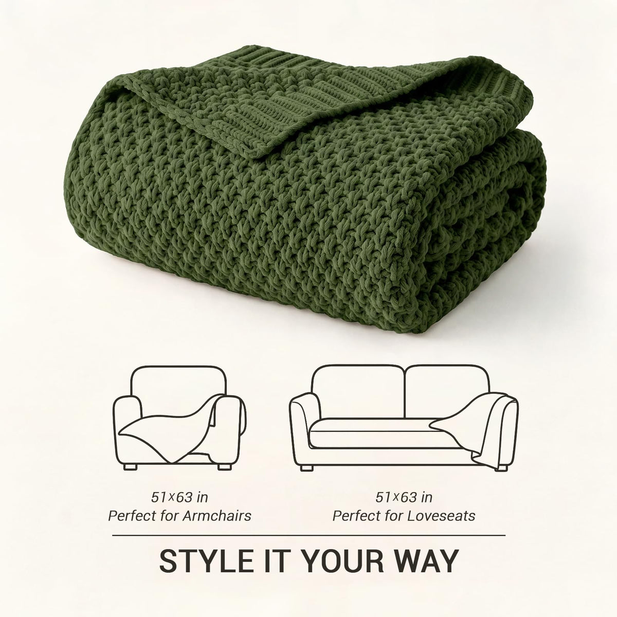 Longhui bedding - Cobija de punto trenzado grueso, ligera, 100 % algodón orgánico, para sofá, cama y guardería, estilo rústico, elegante y moderno, verde oliva, 129.54 x 160.02 cm, bolsa de lavado