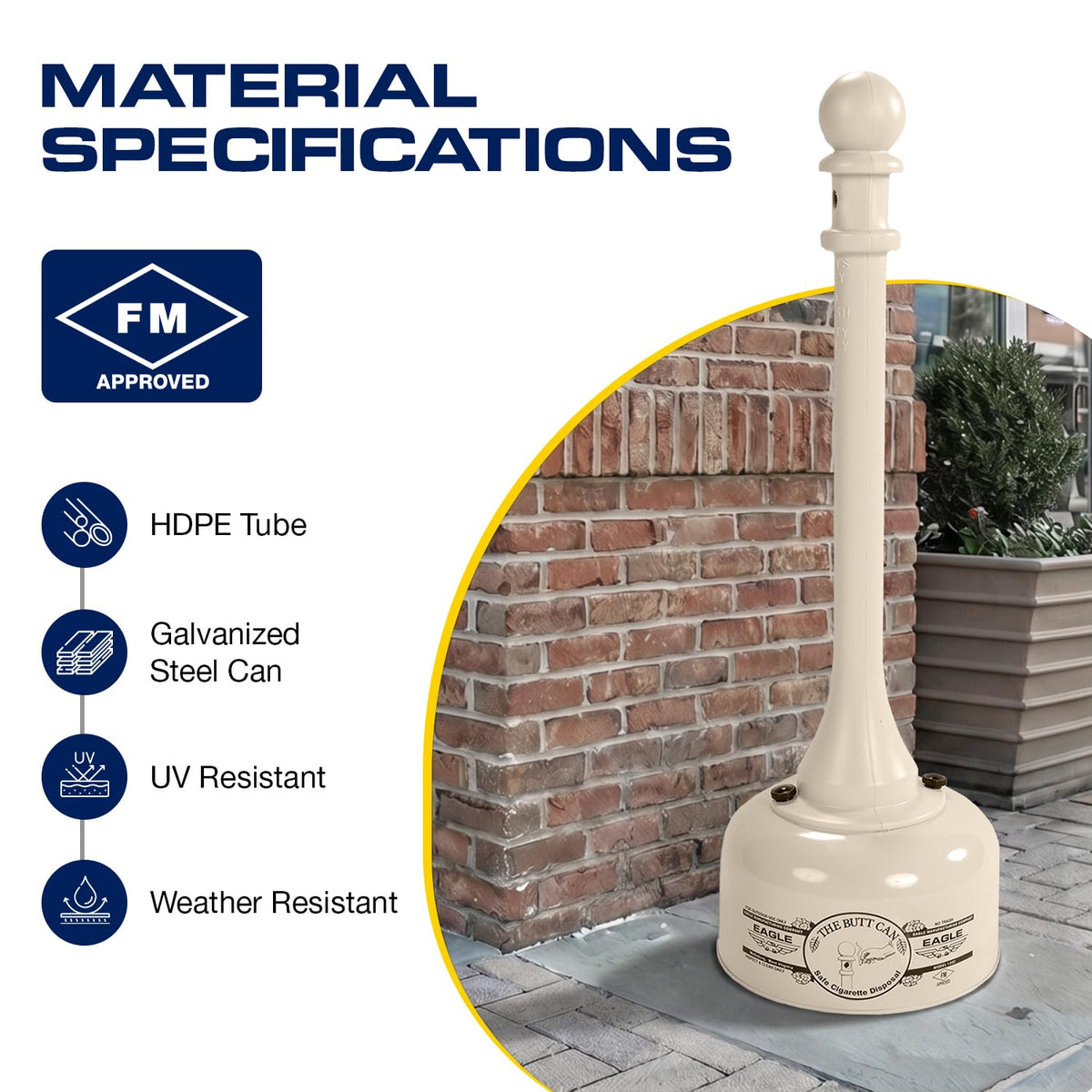 Eagle 1202BEI - Receptáculo de tope de cigarrillos de acero galvanizado, capacidad de 2 galones, 35 pulgadas de altura, 11 pulgadas de diámetro, beige