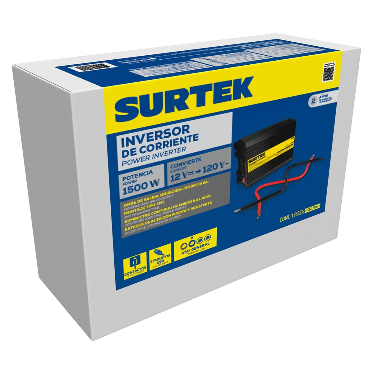 Surtek IC61500 Inversor de corriente 1500 W con Voltaje entrada DC 12 V, Voltaje salida AC 120 V, 60 Hz