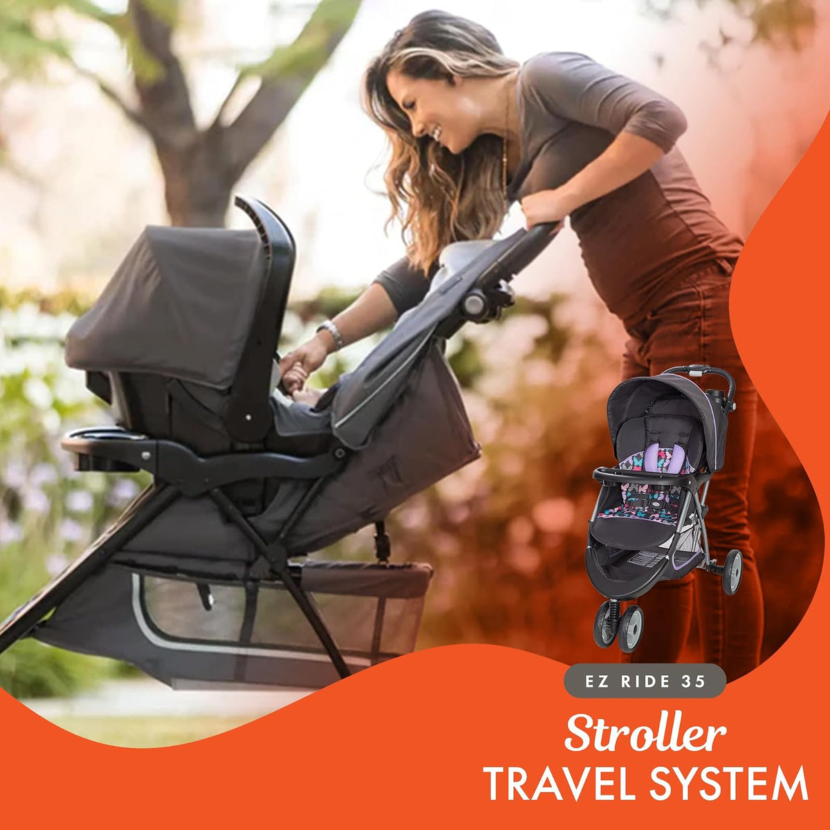 Baby Trend EZ Ride 35 Sistema de Viaje con Carriola y Asiento para Automóvil Infantil para Recién Nacidos de 1.8 a 15.9 kg, Asiento Reclinable Acolchado, Toldo Grande, Sophia