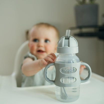 Dr. Brown's Wide-Neck Sippy Straw Bottles with Silicone Handles, Gray and Green, 9oz/270ml, 2-Pack