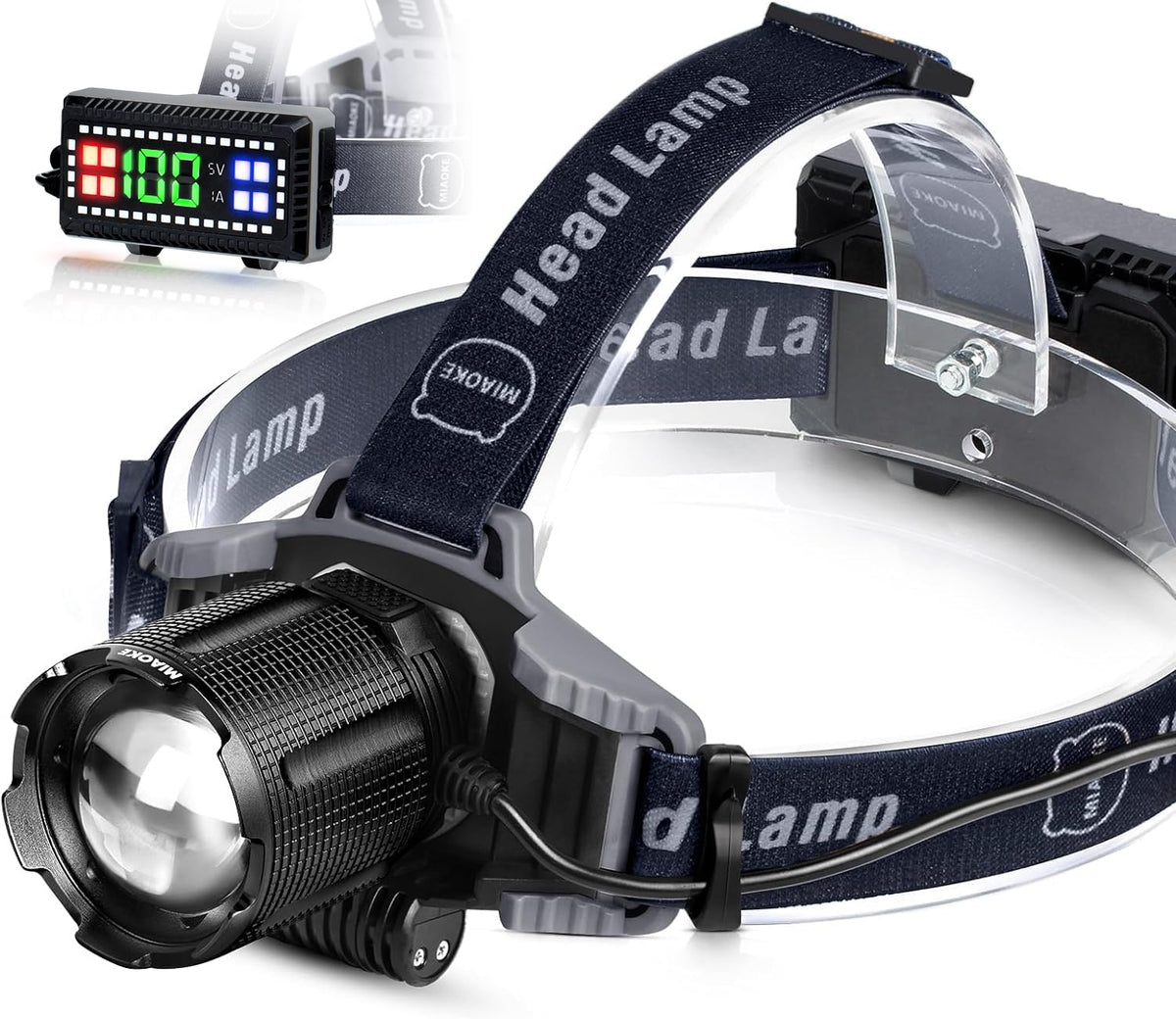 MIAOKE 100000 Lúmenes LED Recargable para Senderismo, Camping, Faros Súper Brillantes, Zoomable, Pantalla de Alimentación Digital, 4 Modos Ajustables - Azul