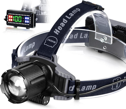 MIAOKE 100000 Lúmenes LED Recargable para Senderismo, Camping, Faros Súper Brillantes, Zoomable, Pantalla de Alimentación Digital, 4 Modos Ajustables - Azul
