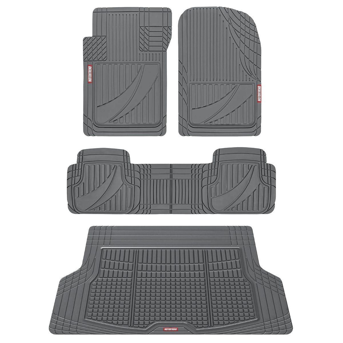 Motor Trend FlexTough Juego Completo Alfombrillas Goma Gris | 3 piezas, con forro de carga, borde combinado delantero y trasero, para autos, camionetas, SUV, todo tipo de clima - Gris - 3-Piece + Cargo Liner