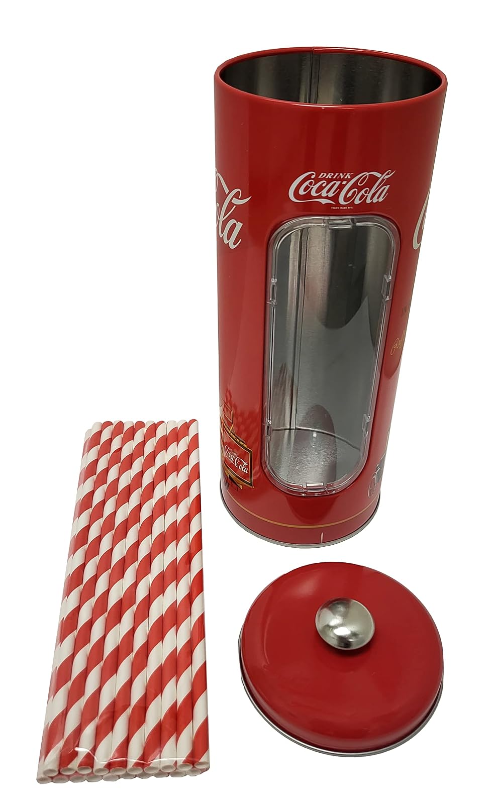 The Tin Box Company Soporte para popotes de Coca con 20 popotes de Papel en el Interior, 3-3/8 x 8-1/4 Pulgadas de Alto, Rojo y Blanco (771517-12)
