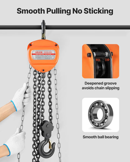VEVOR Polipasto de Cadena Manual, Polipasto de Polea Resistente con Cadena Galvanizada G80 Mejorada, Altura de Elevación de 3 m Carga de 3 T para Garaje, Almacén y Maquinaria Automotriz, Naranja