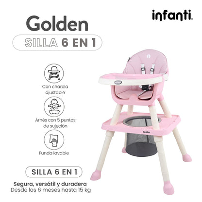 INFANTI | Silla Alta GOLDEN 6 en 1 | Bandeja Desmontable | Mesa Interactiva | Canasta para Accesorios | 6-36 Meses o Hasta 15 kg | Color Rosa