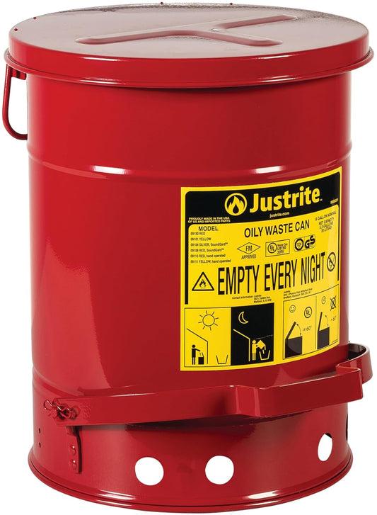Justrite 09108 - Bote de basura aceitosa de acero galvanizado de 6 galones, 16 x 12 pulgadas, lata de seguridad de trapo de aceite de metal con tapa silenciosa de cierre automático para eliminación de
