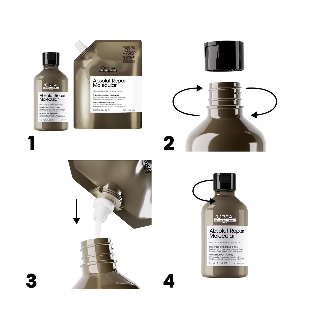 L'Oréal Professionnel Absolut Repair Molecular Refill 500ml | Para cabello muy dañado a nivel molecular. Shampoo sin sulfatos que limpia y prepara la reconstrucción de la fibra.