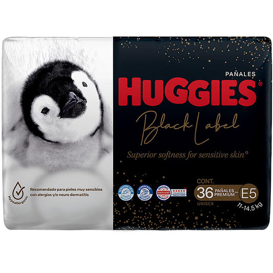 Huggies Black Label Pañales Desechables Premium, Etapa 5 Unisex, Bolsa con 36 piezas, Ideal para bebés de 11 a 14.5 kg