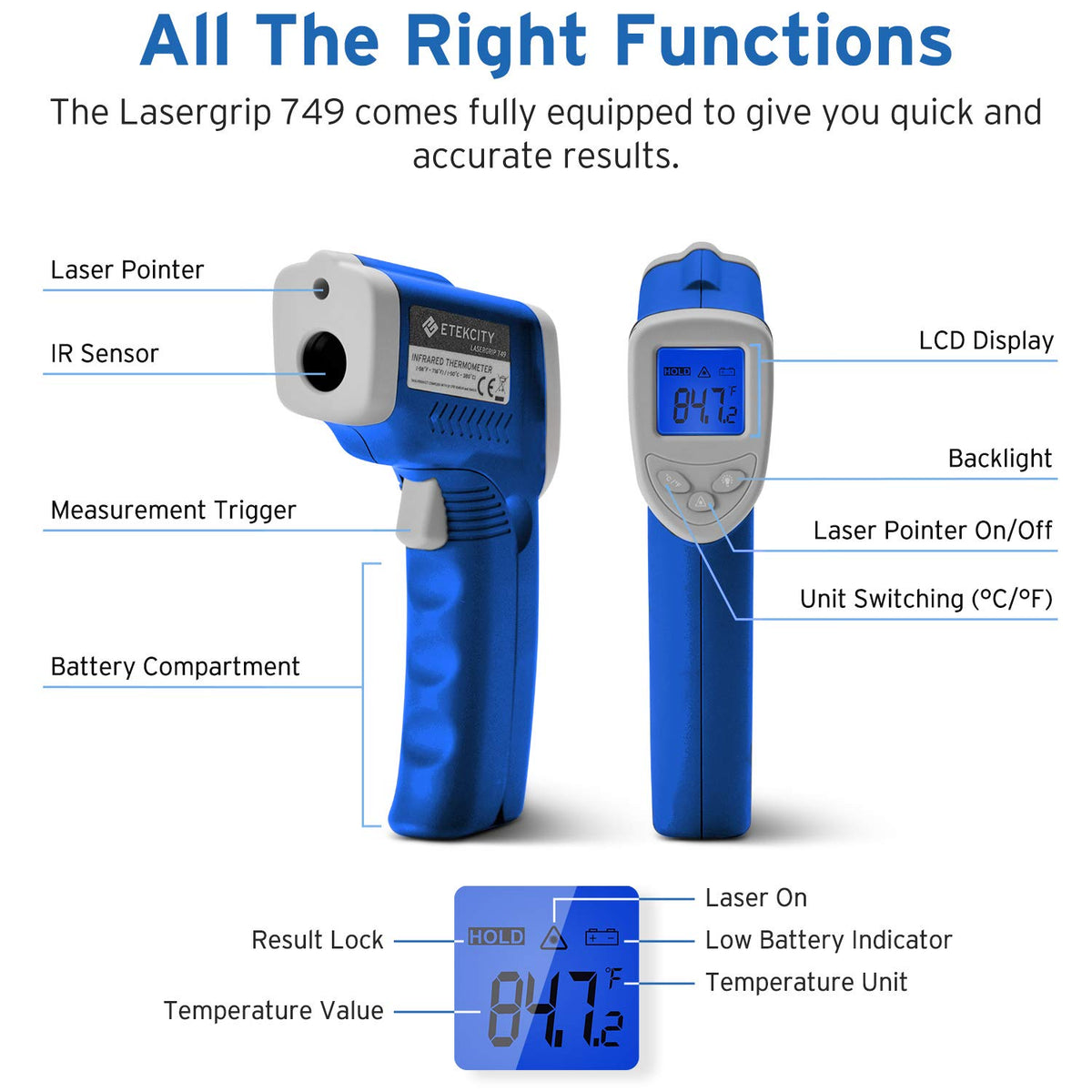 Etekcity Termómetro infrarrojo 749 (no para humanos) pistola de temperatura digital sin contacto láser IR termómetro, 14.4 °C ~ 380.0 °C (-50 ℃ ~ 380 ℃), tamaño estándar, azul